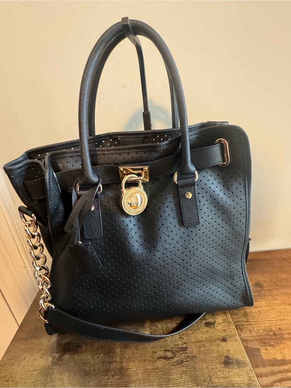 Michael Kors Classic Black Perforated Tote with Gold Hardware